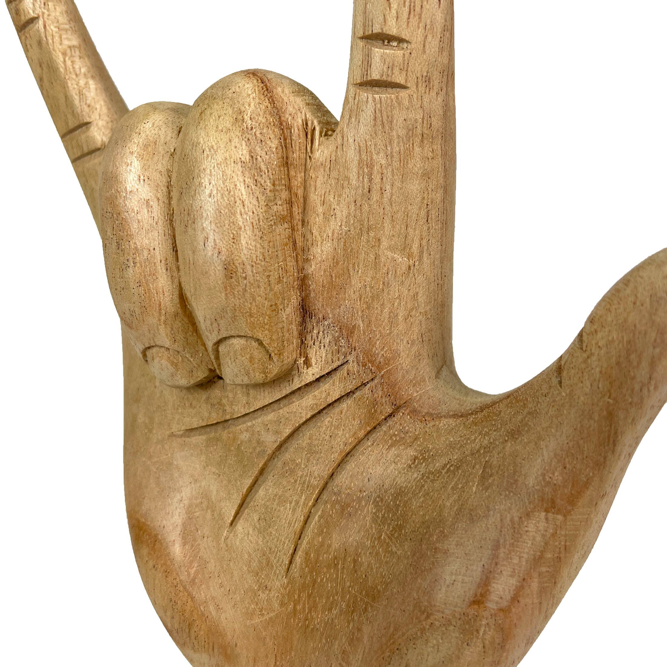 Alt View 2. Zeckos - Carved Wood ASL I Love You Hand Gesture Statue 8.5 Inch Tabletop Sculpture - Brown.