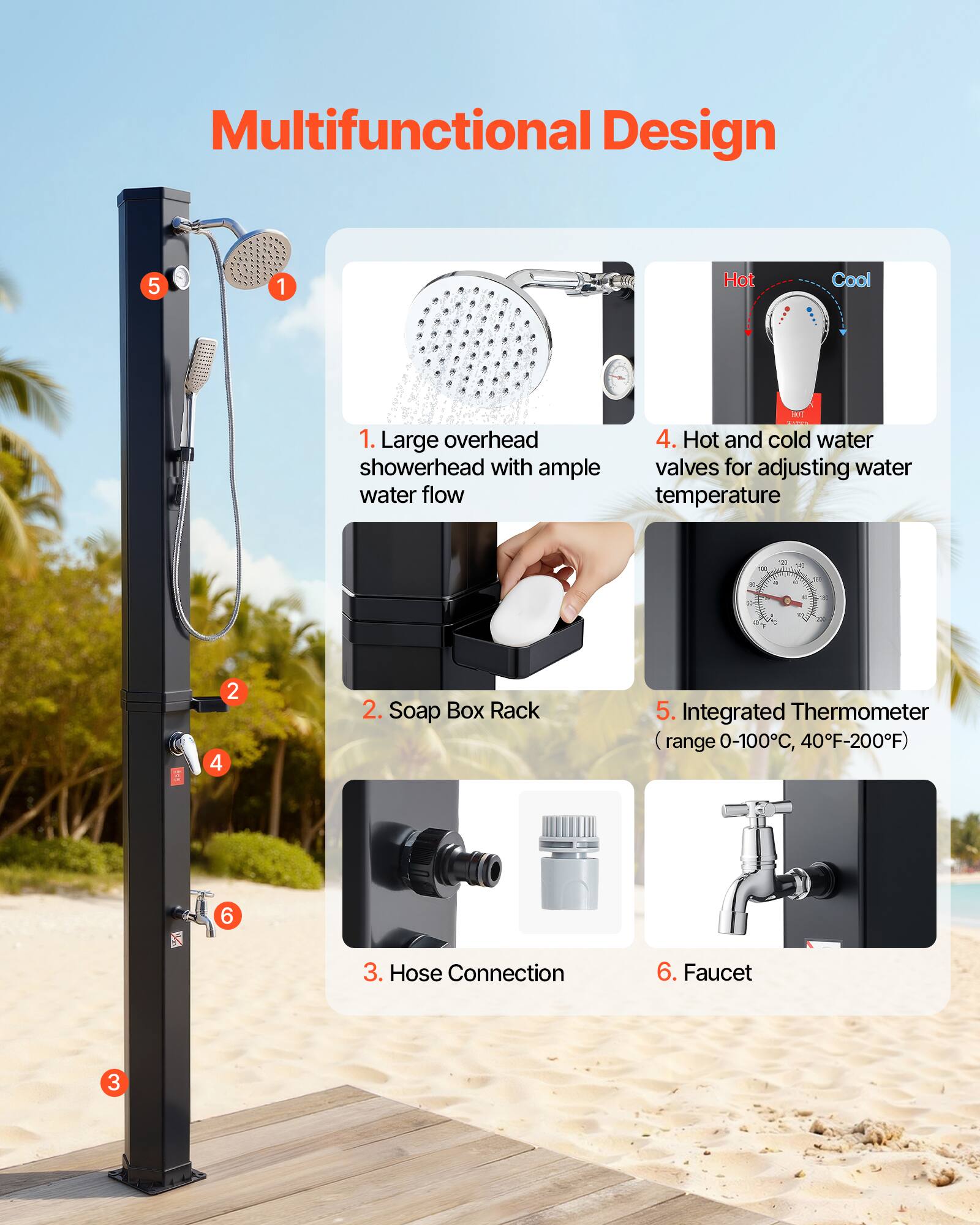 Multifunctional Design

1. Large overhead showerhead with ample water flow
2. Soap Box Rack
3. Hose Connection
4. Hot and cold water valves for adjusting water temperature
5. Integrated Thermometer (range 0-100°C, 40°F-200°F)
6. Faucet