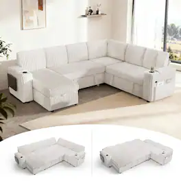 Dyonery - 110" Modular 7 Seat L Shaped Couch with Reclining Backrest|USB Ports|Cup Holders|Side Table|Storage Chaise Armrests - Beige