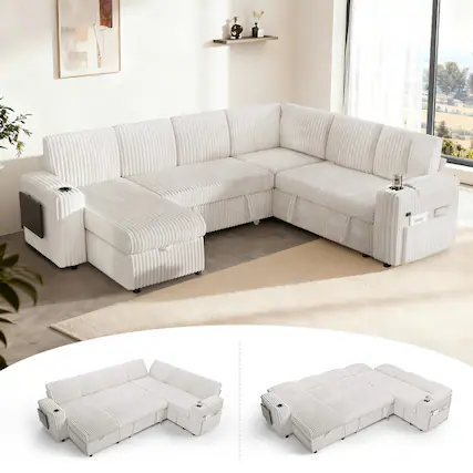 Front. Dyonery - 110" Modular 7 Seat L Shaped Couch with Reclining Backrest|USB Ports|Cup Holders|Side Table|Storage Chaise Armrests - Beige.