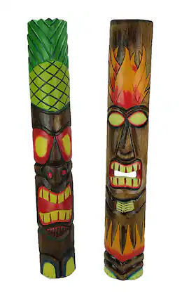 Front. Chesapeake Bay - 39 inch Tall Hand Crafted Wooden Tiki Totem Wall Mask Set of 2 Tropical Décor - Multicolored.