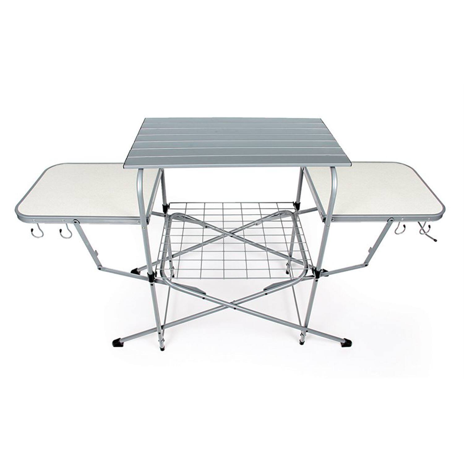 Alt View 1. Camco - Camco Deluxe Folding Outdoor Steel Grill Table with Side Tables, Hooks, and Case - Silver.