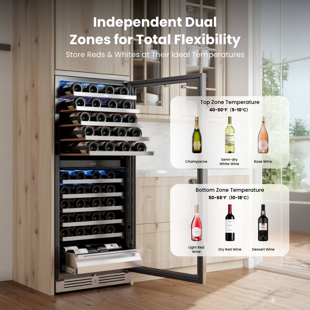 Independent Dual Zones for Total Flexibility  
Store Reds & Whites at Their Ideal Temperatures  

Top Zone Temperature  
40-50°F (5-10°C)  
- Champagne  
- Semi-dry White Wine  
- Rosé Wine  

Bottom Zone Temperature  
50-66°F (10-18°C)  
- Light Red Wine  
- Dry Red Wine  
- Dessert Wine