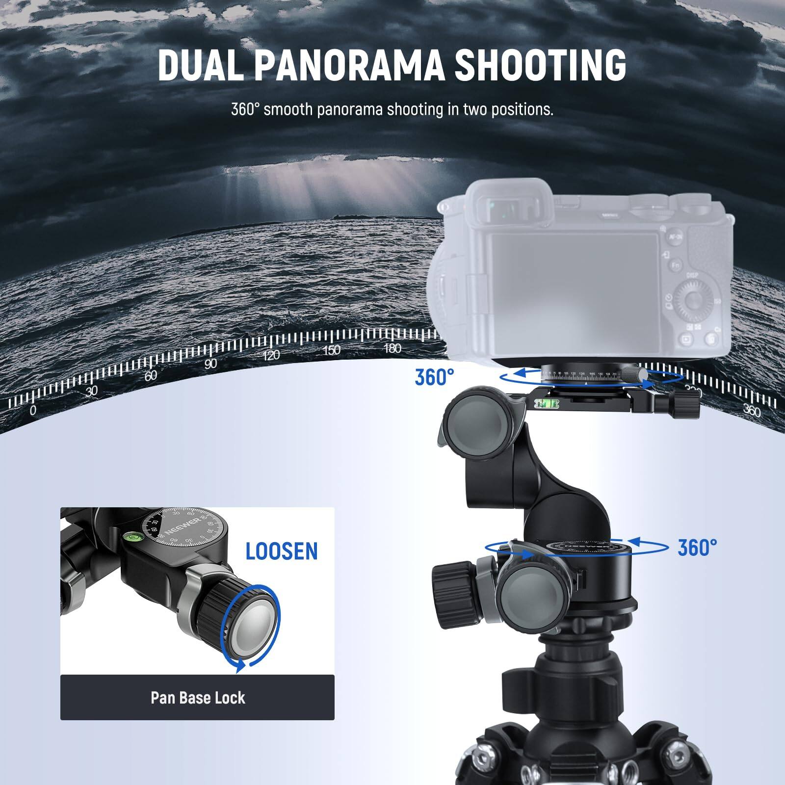 DUAL PANORAMA SHOOTING  
360° smooth panorama shooting in two positions.

- 0° 30° 60° 90° 120° 150° 180° 210° 240° 270° 300° 330° 360°

NECWER & LOOSEN  
360° Pan Base Lock