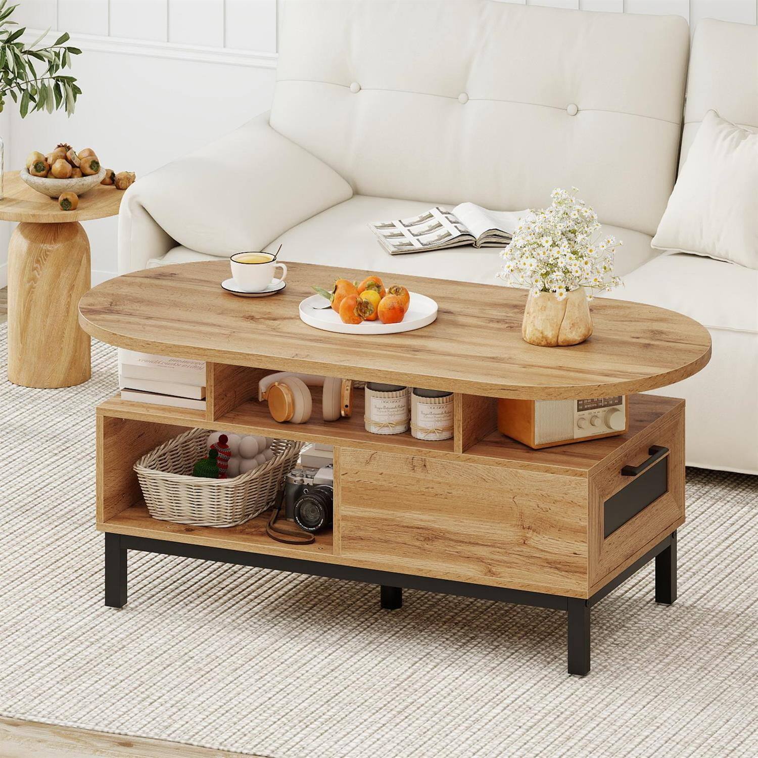 Angle. Pefilos - 47" Oval Coffee Table, Mixed Storage & Open Compartments, 5-Leg Support Base, Natural & Black - Brown.