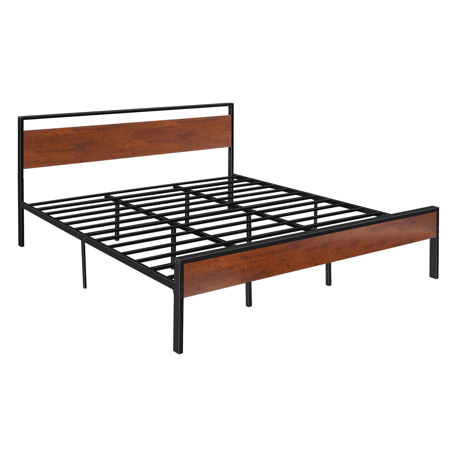 VEVOR - King Size Bed Frame, 14 Inch Black Metal Platform Bed Frame with Retro Brown Wooden Headboard and Footboard - Brown