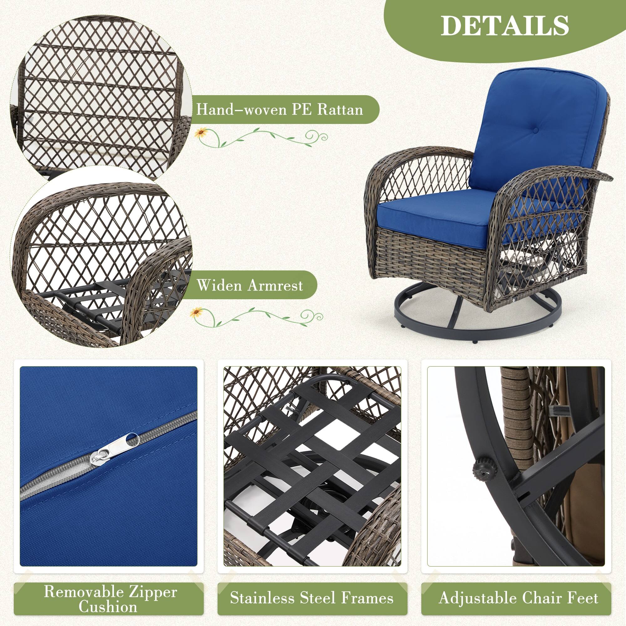 DETAILS

- Hand-woven PE Rattan
- Widen Armrest
- Removable Zipper Cushion
- Stainless Steel Frames
- Adjustable Chair Feet