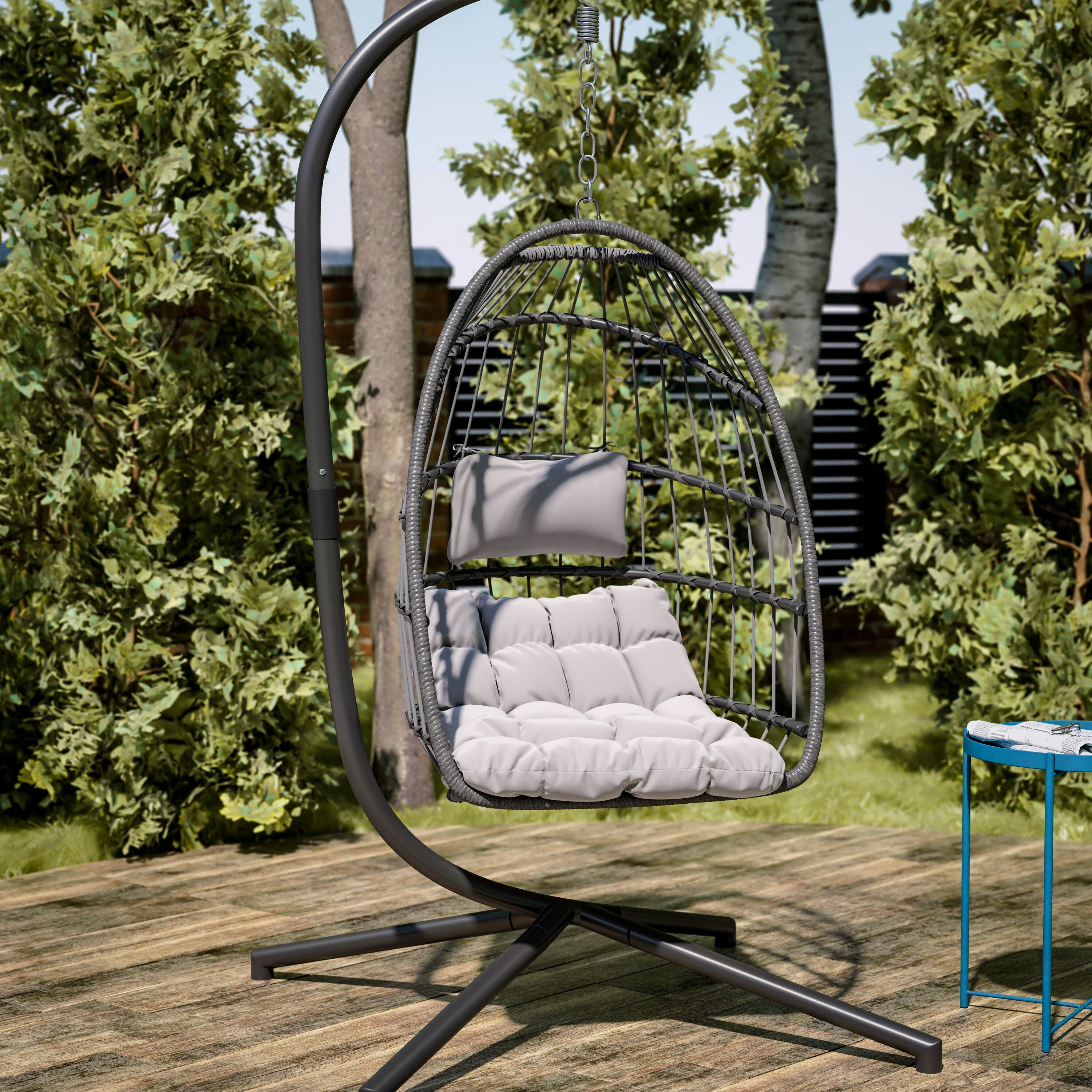 Alt View 5. Emma + Oliver - Awen Foldable Hanging Egg Chair with Woven Finish, Removable Cushions, and Included Stand for Indoor and Outdoor Use - Gray.