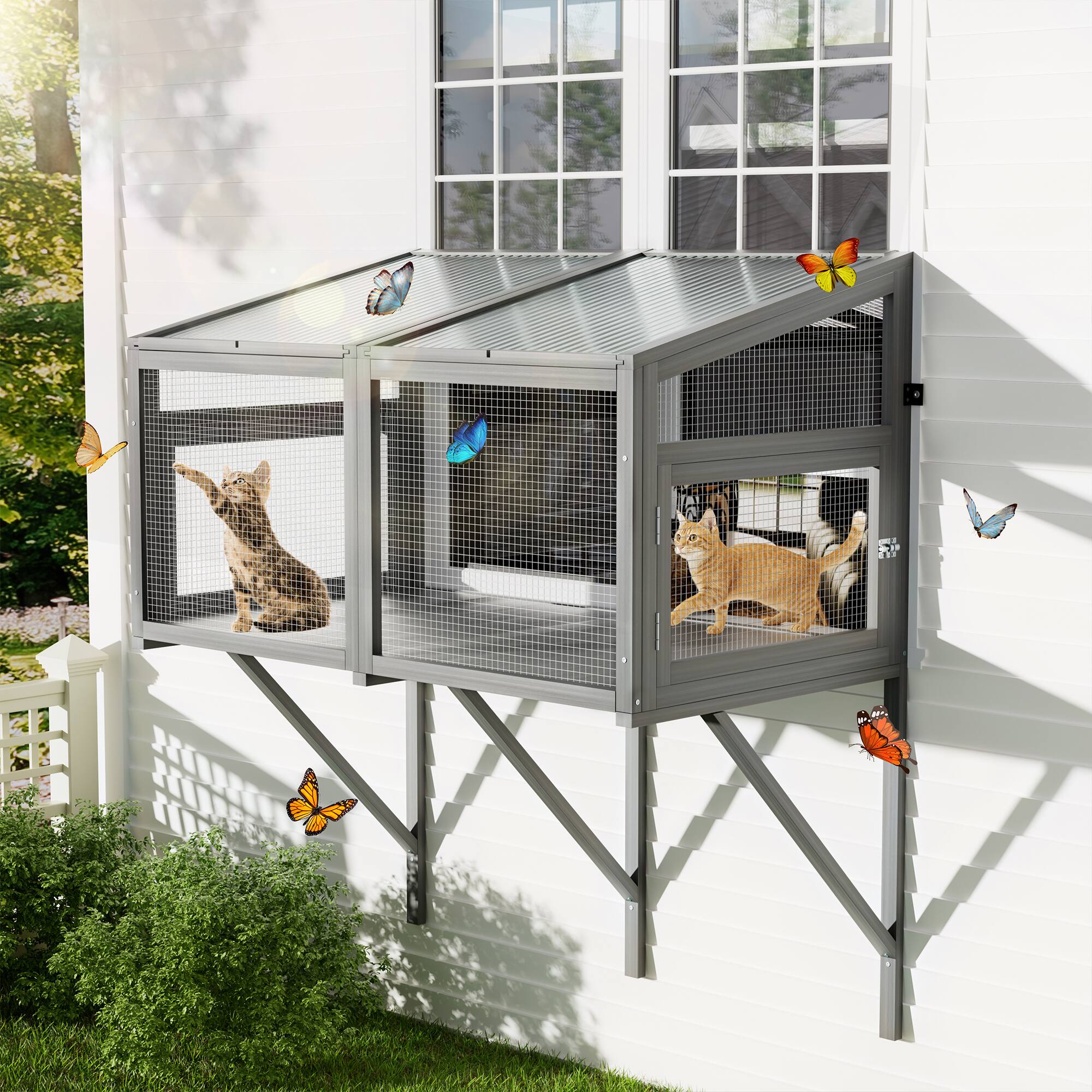 Alt View 1. Siljoy - Cat Window Catio, Expandable Wooden Enclosure with Wire Mesh, Waterproof Roof, for Indoor Cats.