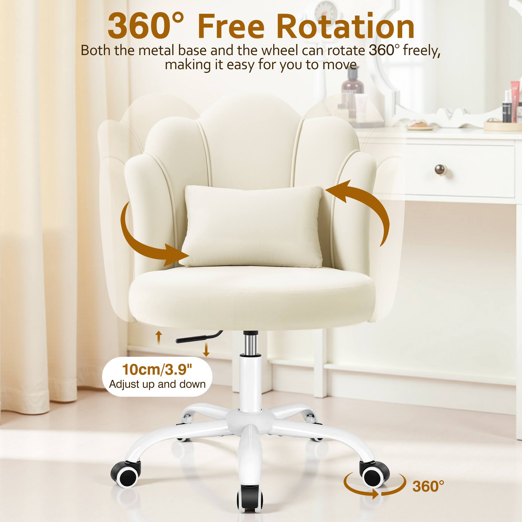 360° Free Rotation  
Both the metal base and the wheel can rotate 360° freely, making it easy for you to move.  

10cm/3.9"  
Adjust up and down