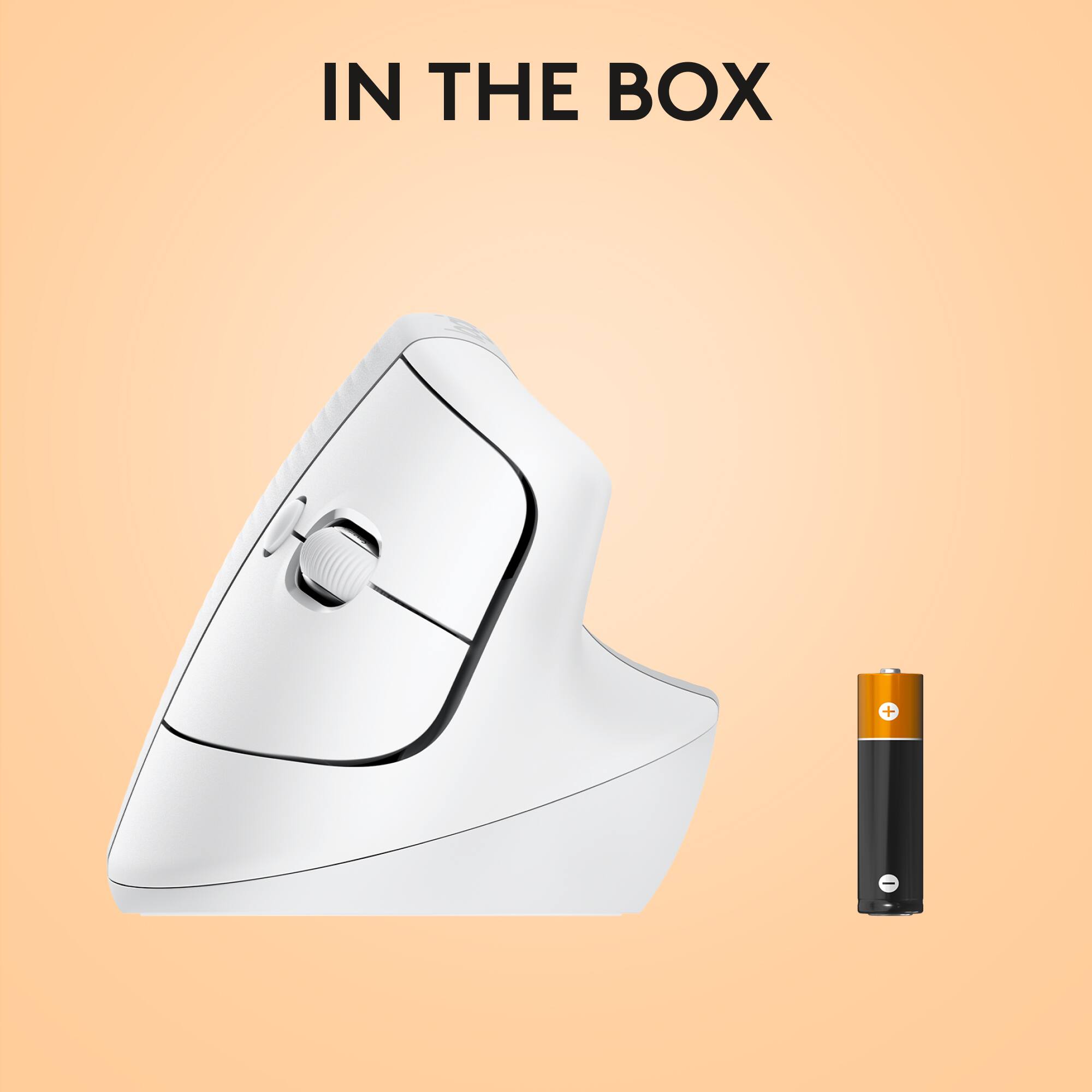In the box, there is a white object that appears to be a computer mouse, and a small black object next to it. The white object has a black and orange button, while the black object has a black and orange button as well.