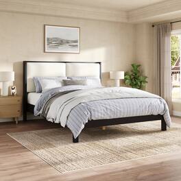 Whisen - Queen Size Platform Bed Frame with Velvet Upholstered Headboard, No Box Spring Needed - Black