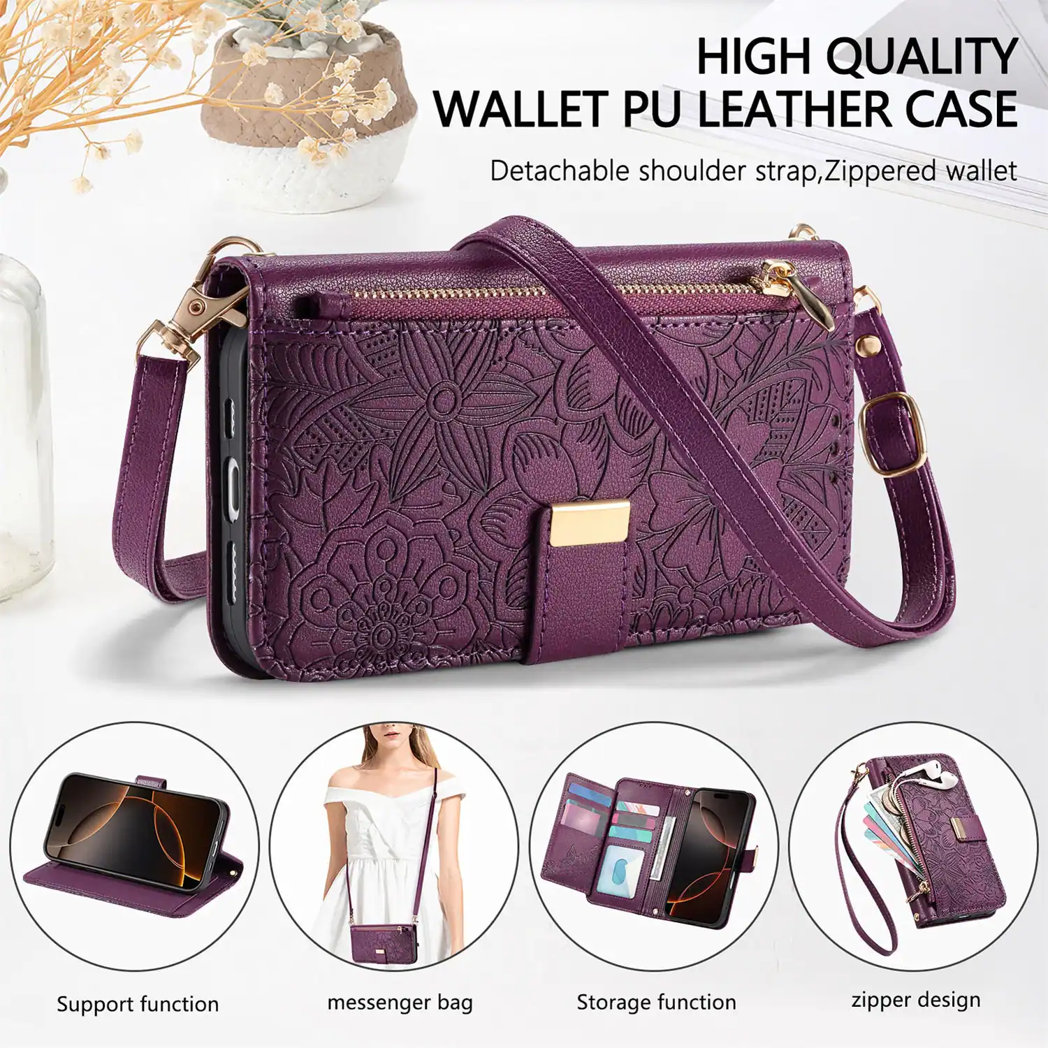 HIGH QUALITY WALLET PU LEATHER CASE  
Detachable shoulder strap, Zippered wallet  
Support function  
messenger bag  
Storage function  
zipper design