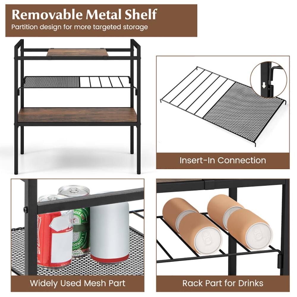 Removable Metal Shelf  
Partition design for more targeted storage  

Insert-In Connection  

Widely Used Mesh Part  

Rack Part for Drinks