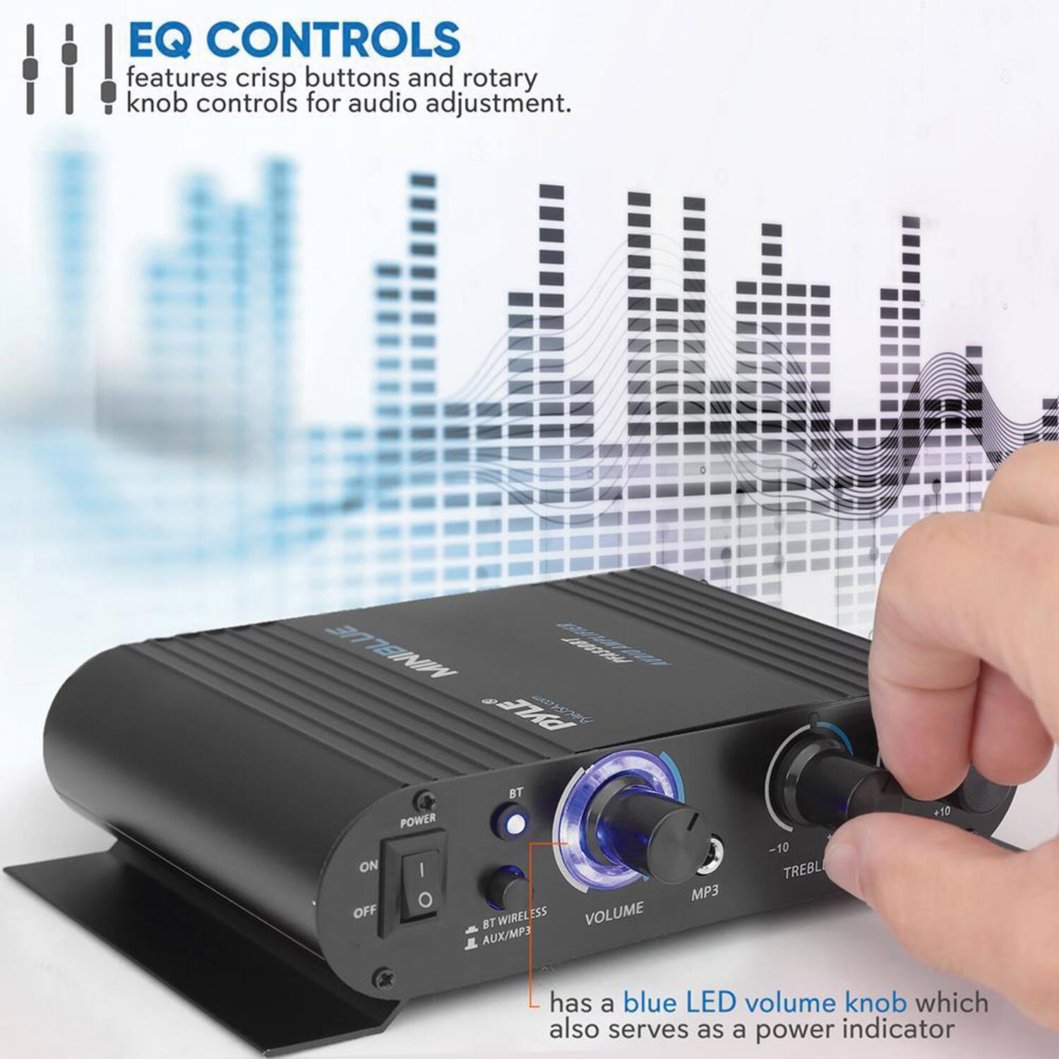 EQ CONTROLS  
features crisp buttons and rotary knob controls for audio adjustment.

has a blue LED volume knob which also serves as a power indicator.