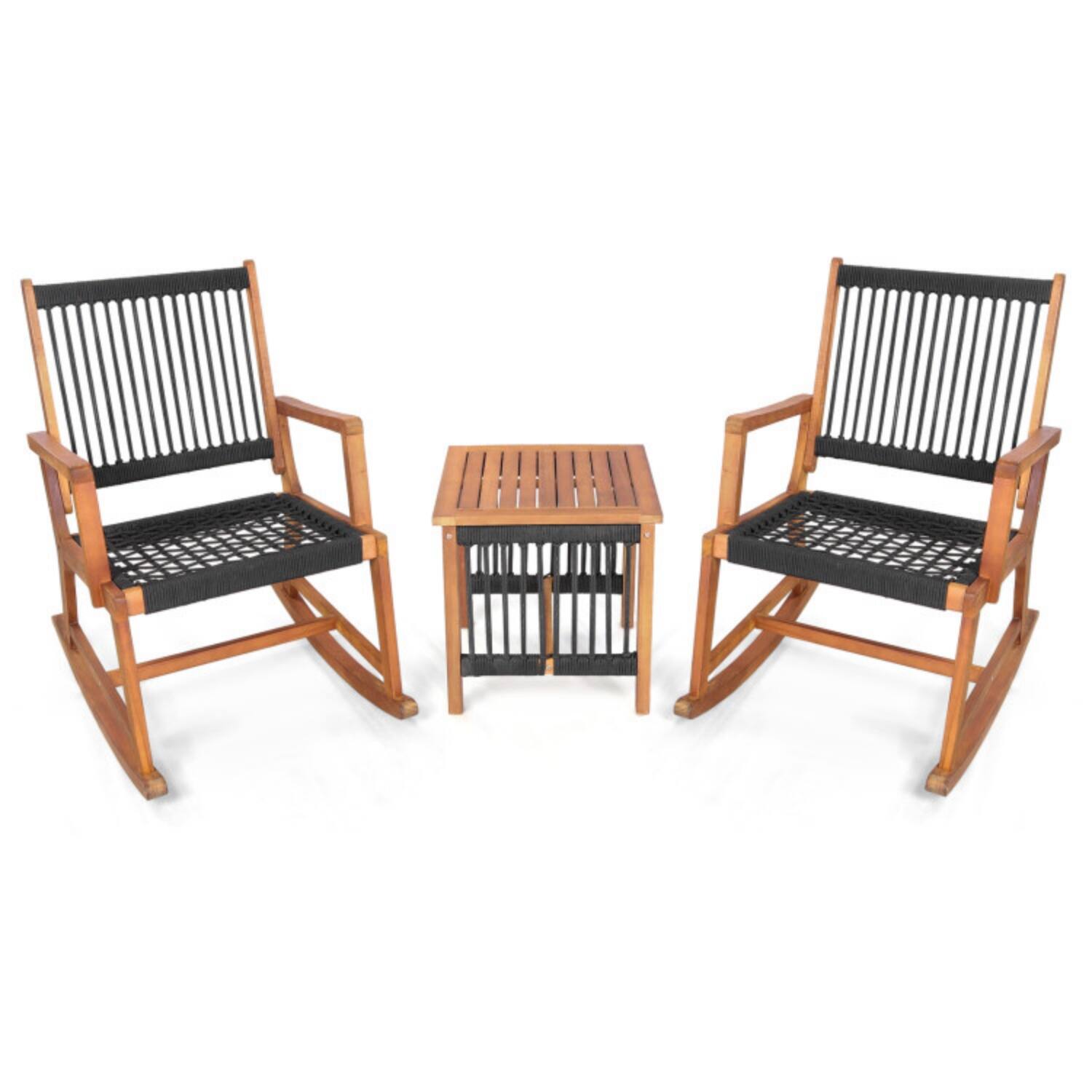 Alt View 4. Mondawe - 33 x 24 x 36 IN Freestanding Acacia Wood Rocking Bistro Set with Table 3-Piece - Black and Natural.