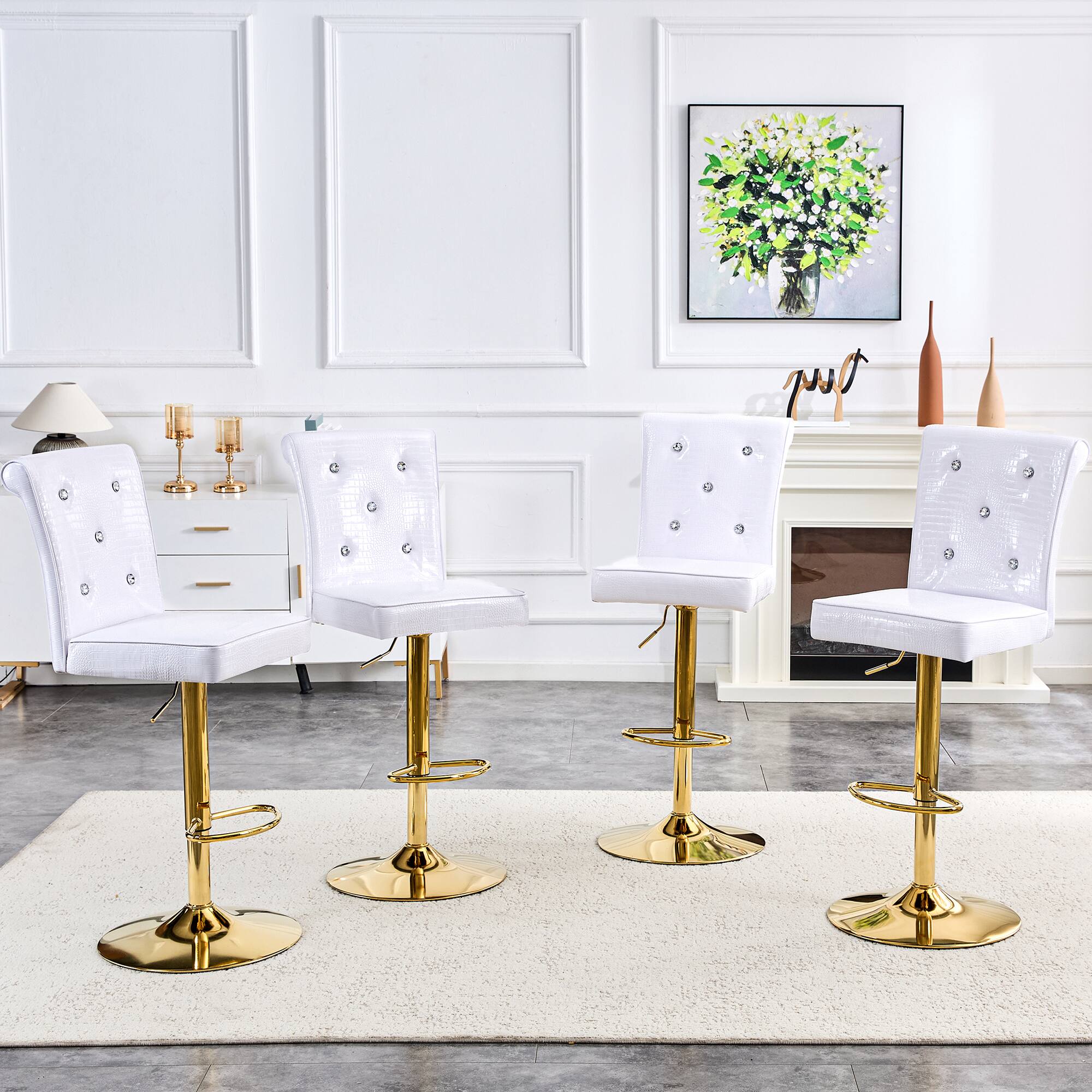 Alt View 1. Loheer - Faux Crocodile Lift Chairs Set of 2 Crystal Tufted Dining Seating 1.8x1.42x4.08ft - White.
