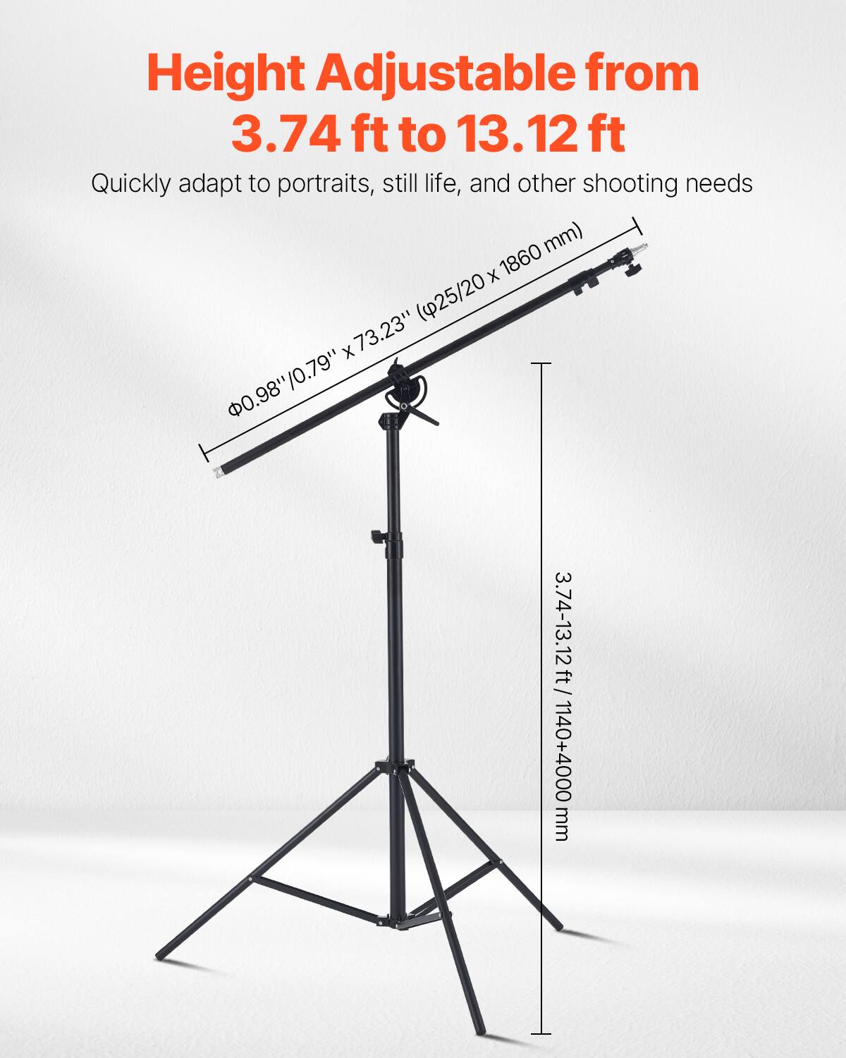 Height Adjustable from 3.74 ft to 13.12 ft

Quickly adapt to portraits, still life, and other shooting needs

Φ0.98" / 0.79" x 73.23" (25/20 x 1860 mm)

3.74-13.12 ft / 1140+4000 mm