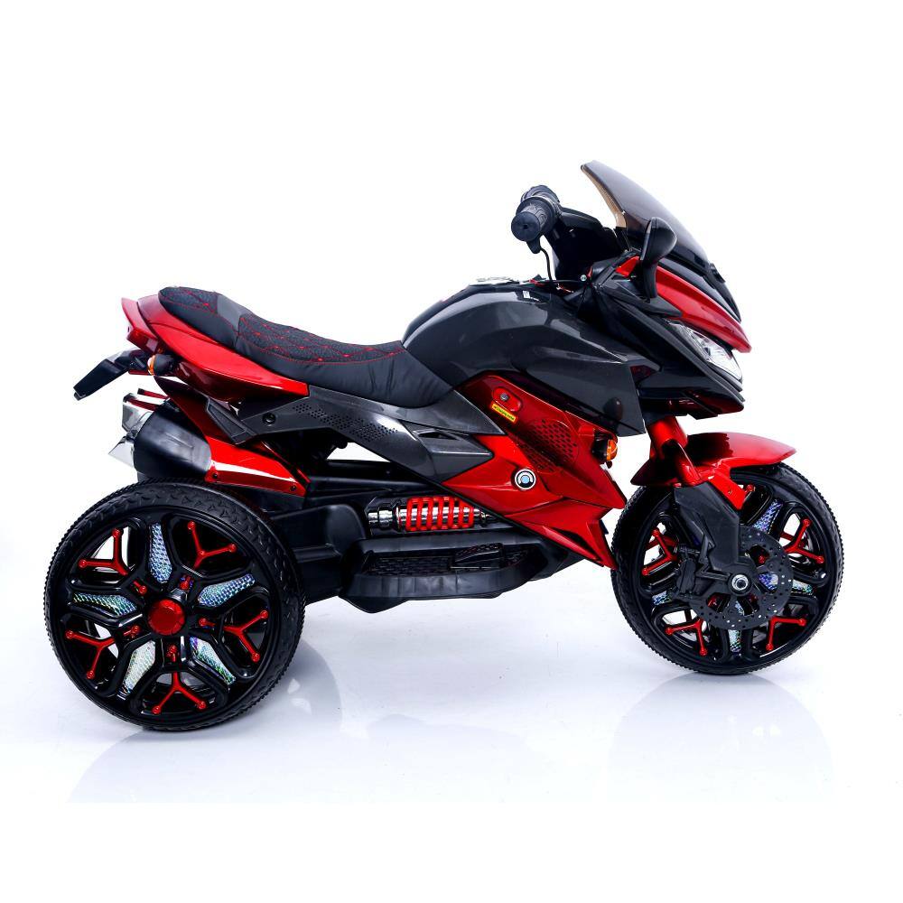 Left. BreeBe - 12V Kids 3-Wheel Ride On Motorcycle, Battery Powered Motorbike w/ PU Seat, Training Wheels, Manual Throttle, Lights - Red.