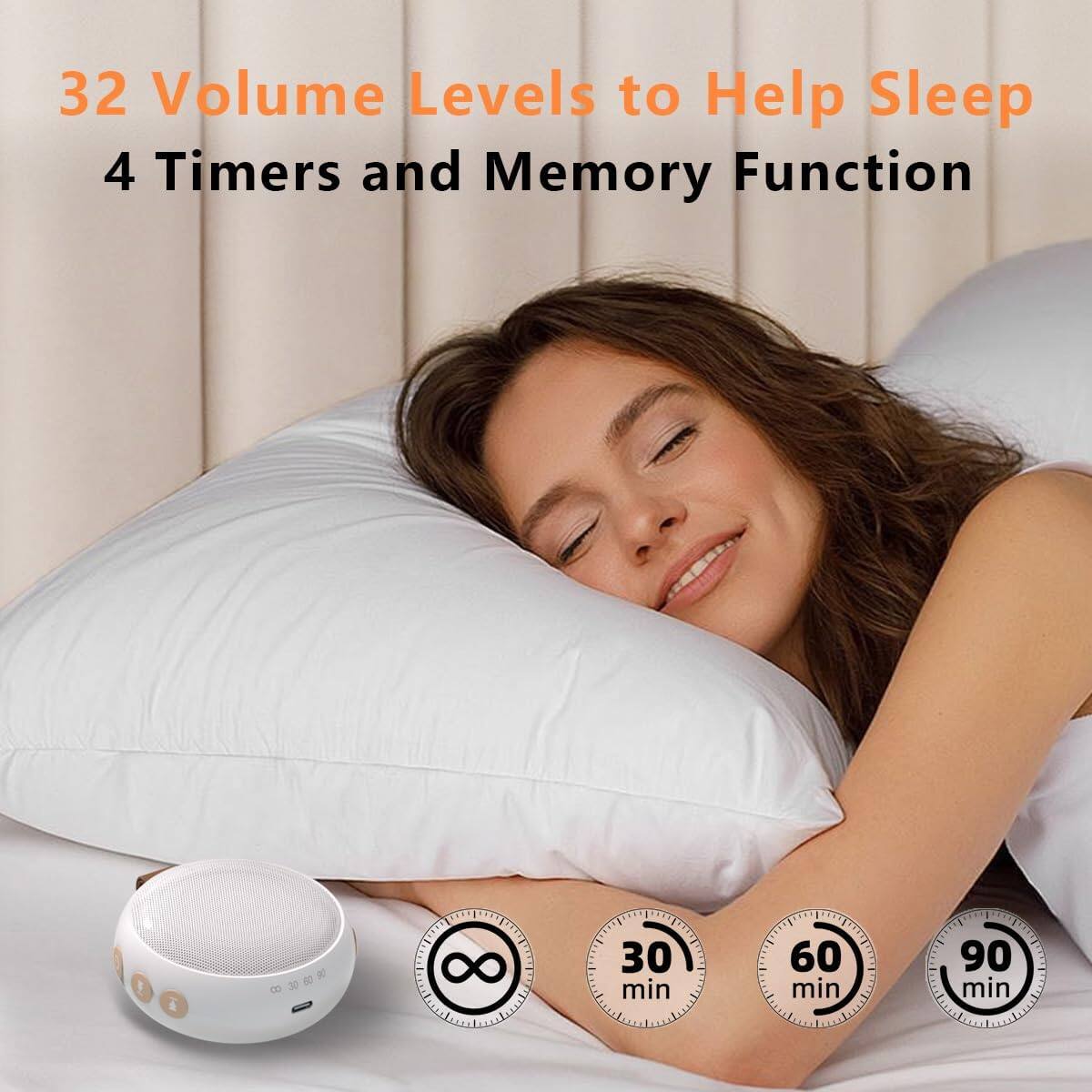 32 Volume Levels to Help Sleep  
4 Timers and Memory Function  
30 min  
60 min  
90 min