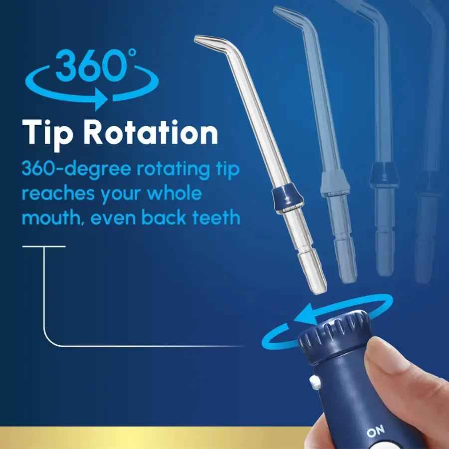 360 Tip Rotation: 360-degree rotating tip reaches your whole mouth, even back teeth. ON.