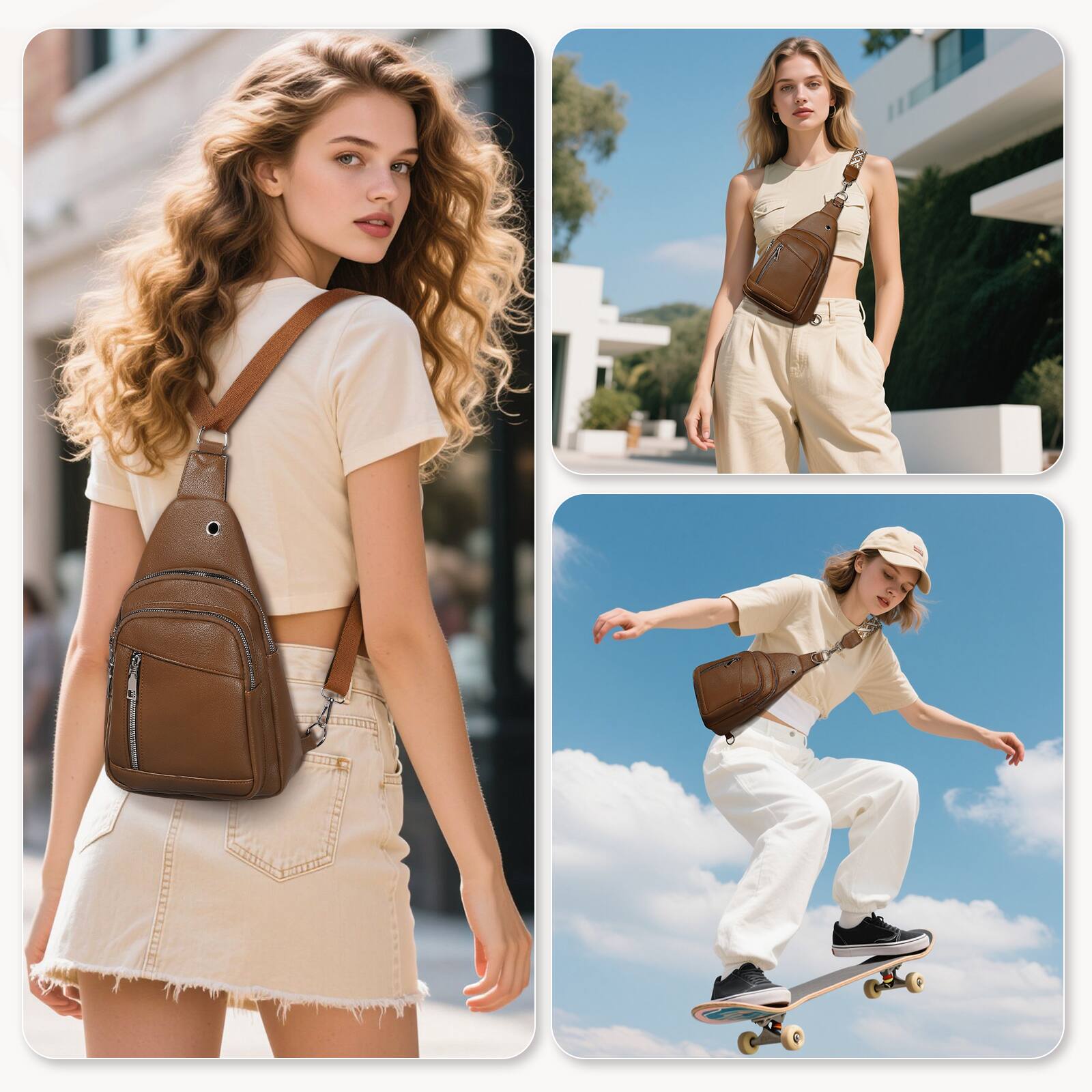 Alt View 1. Unique Bargains - Anti Theft Sling Bag 2 in 1 PU Leather 8.3" Convertible Crossbody Bags Fanny Pack Backpack with 2 Removable Straps - Brown.