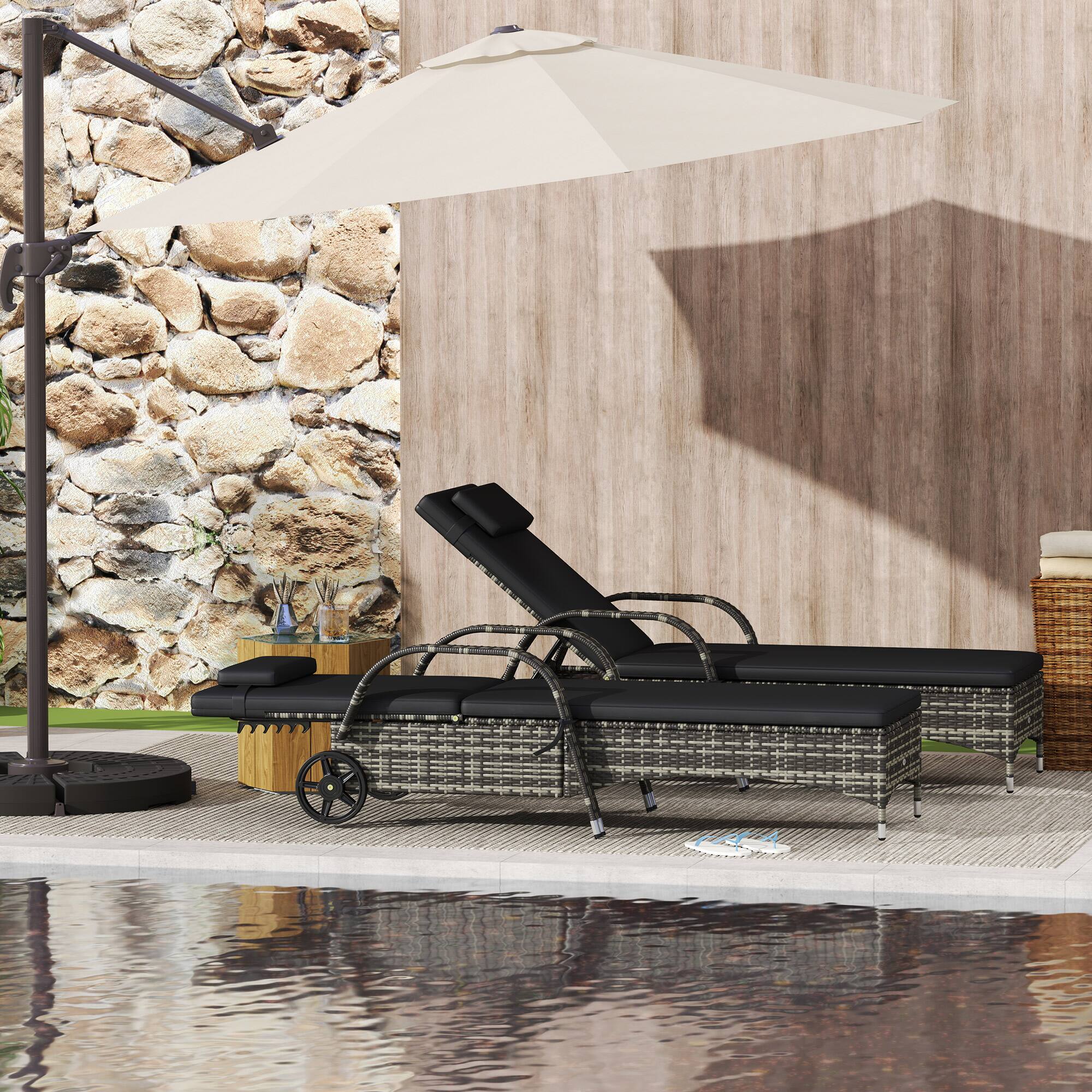 Alt View 7. Outsunny - Wicker Outdoor Chaise Lounge Set of 2, 5-Level Adjustable Backrest PE Rattan Pool Lounge Chair - Mixed Gray and Charcoal Black.