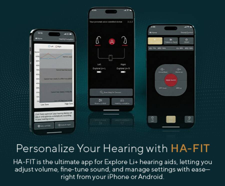 Personalize Your Hearing with HA-FIT

HA-FIT is the ultimate app for Explore Li+ hearing aids, letting you adjust volume, fine-tune sound, and manage settings with ease—right from your iPhone or Android.