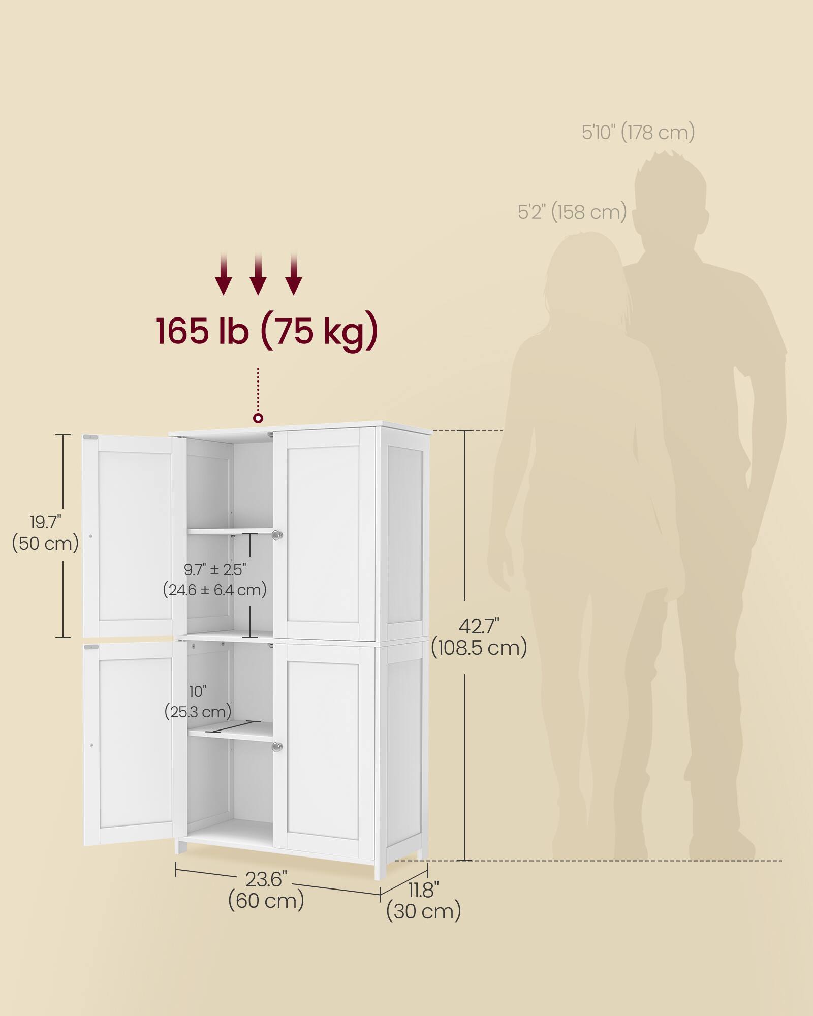 5'10" (178 cm)  
5'2" (158 cm)  
165 lb (75 kg)  
19.7" (50 cm)  
9.7" x 2.5" (24.6 cm x 6.4 cm)  
42.7" (108.5 cm)  
10" (25.3 cm)  
23.6" (60 cm)  
11.8" (30 cm)