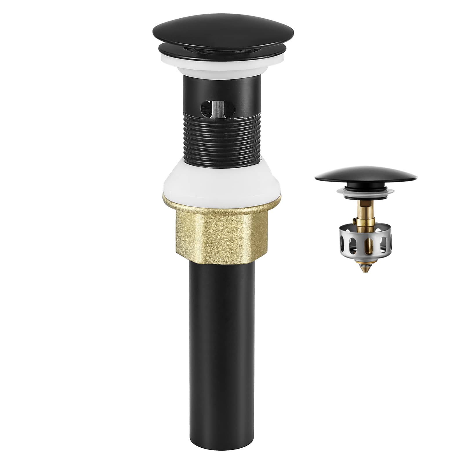 Front. VEVOR - Bathroom Sink Drain with Overflow, Brass and 304 Stainless Steel Pop Up Drains, Anti-Clogging Vessel Sink Drain Strainer - Matte Black.