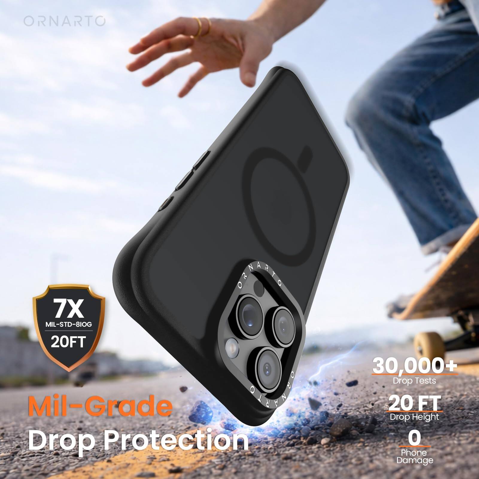 ORNARTO T 7X MIL-STD-810G 20FT Mil-Grade C & Drop Protection 30,000+ Drop Tests 20 FT Drop Height 0 Phone Damage