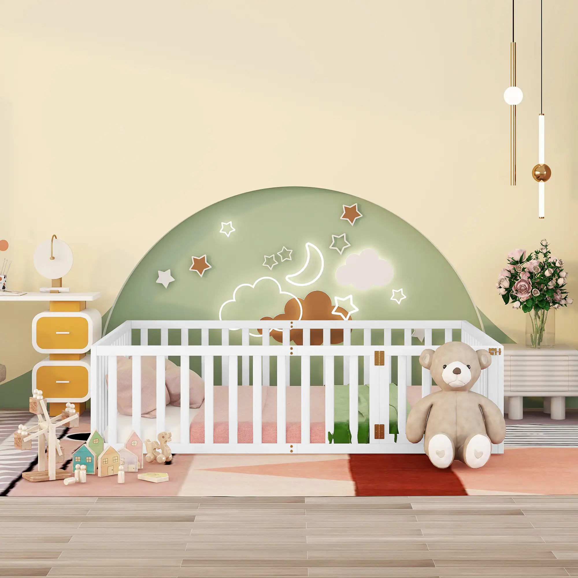 Angle. Whisen - Wood Daybed Frame, Montessori Floor Bed with Fence and Door - White.