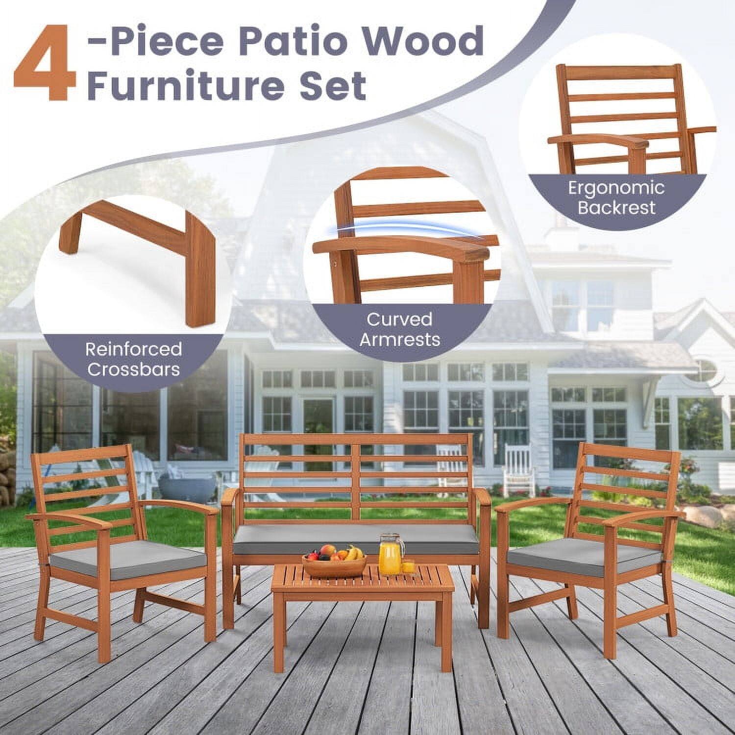 4-Piece Patio Wood Furniture Set

- Reinforced Crossbars
- Curved Armrests
- Ergonomic Backrest