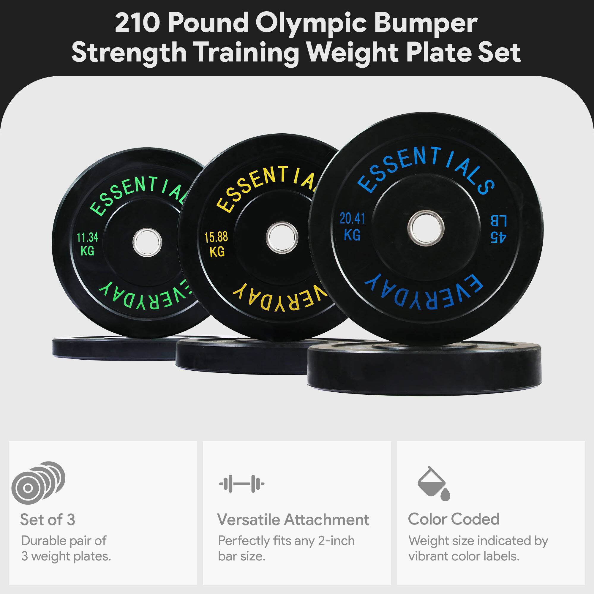 210 Pound Olympic Bumper Strength Training Weight Plate Set

ESSENTIALS

20.41 LB / 11.34 KG / 15.88 KG / 45 KG

Set of 3 Durable pair of 3 weight plates. Versatile Attachment Perfectly fits any 2-inch bar size. Color Coded Weight size indicated by vibrant color labels.