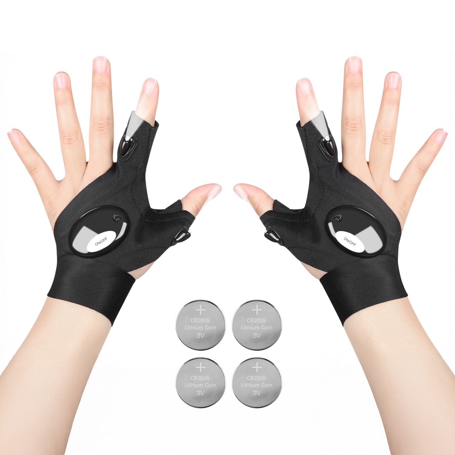 HOM - LED Flashlight Gloves - Wearable Flash Light for Night Fishing, Repairing, Camping, Running & More - Black