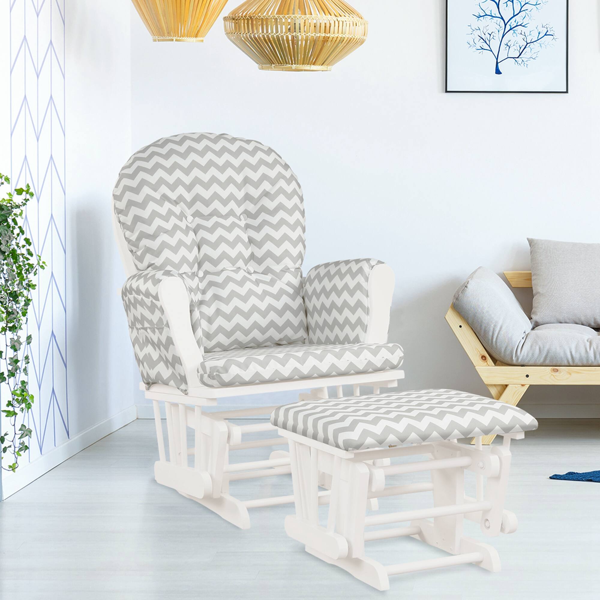 Alt View 6. Costway - Glider and Ottoman Cushion Set Wood Nursery Rocking Chair - Light Grey.