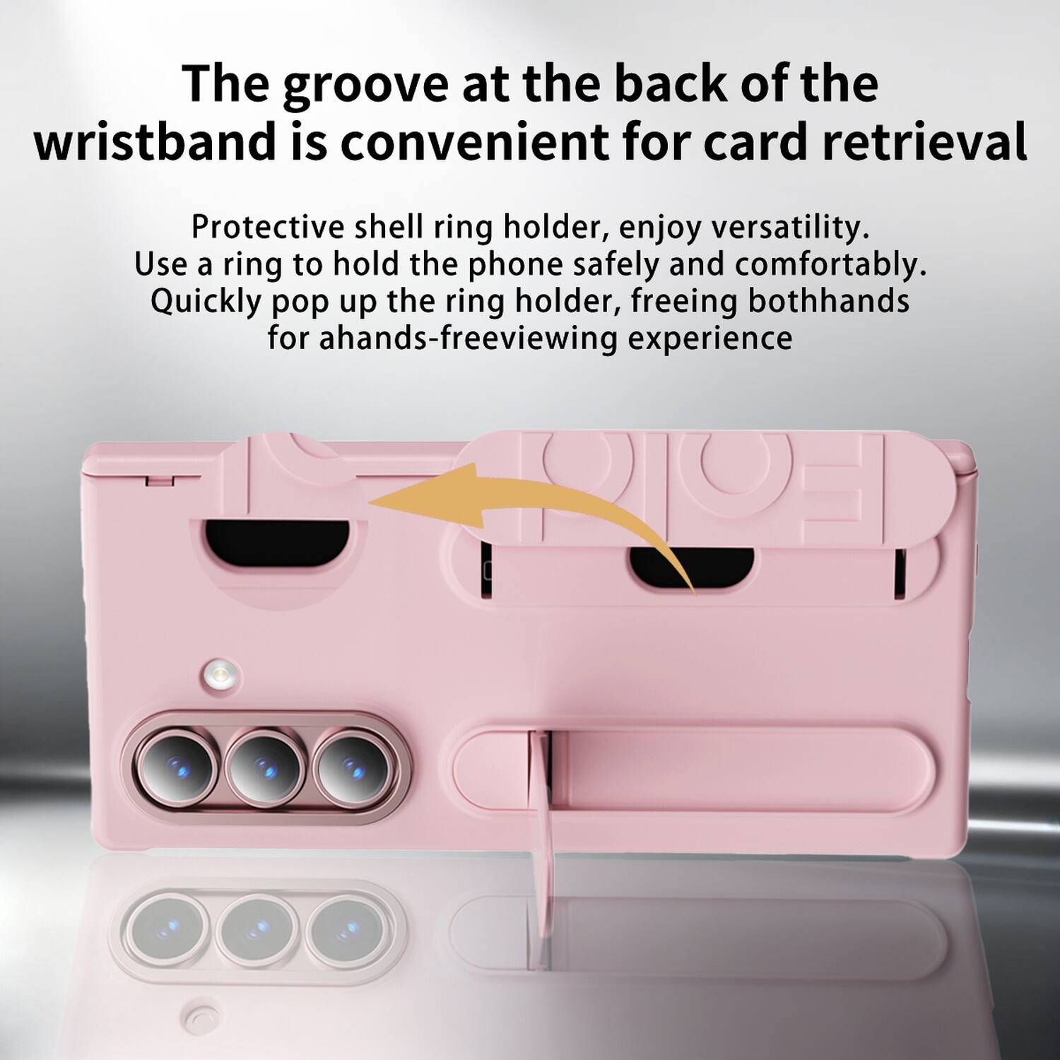 The groove at the back of the wristband is convenient for card retrieval. Protective shell ring holder, enjoy versatility. Use a ring to hold the phone safely and comfortably. Quickly pop up the ring holder, freeing both hands for a hands-free viewing experience.