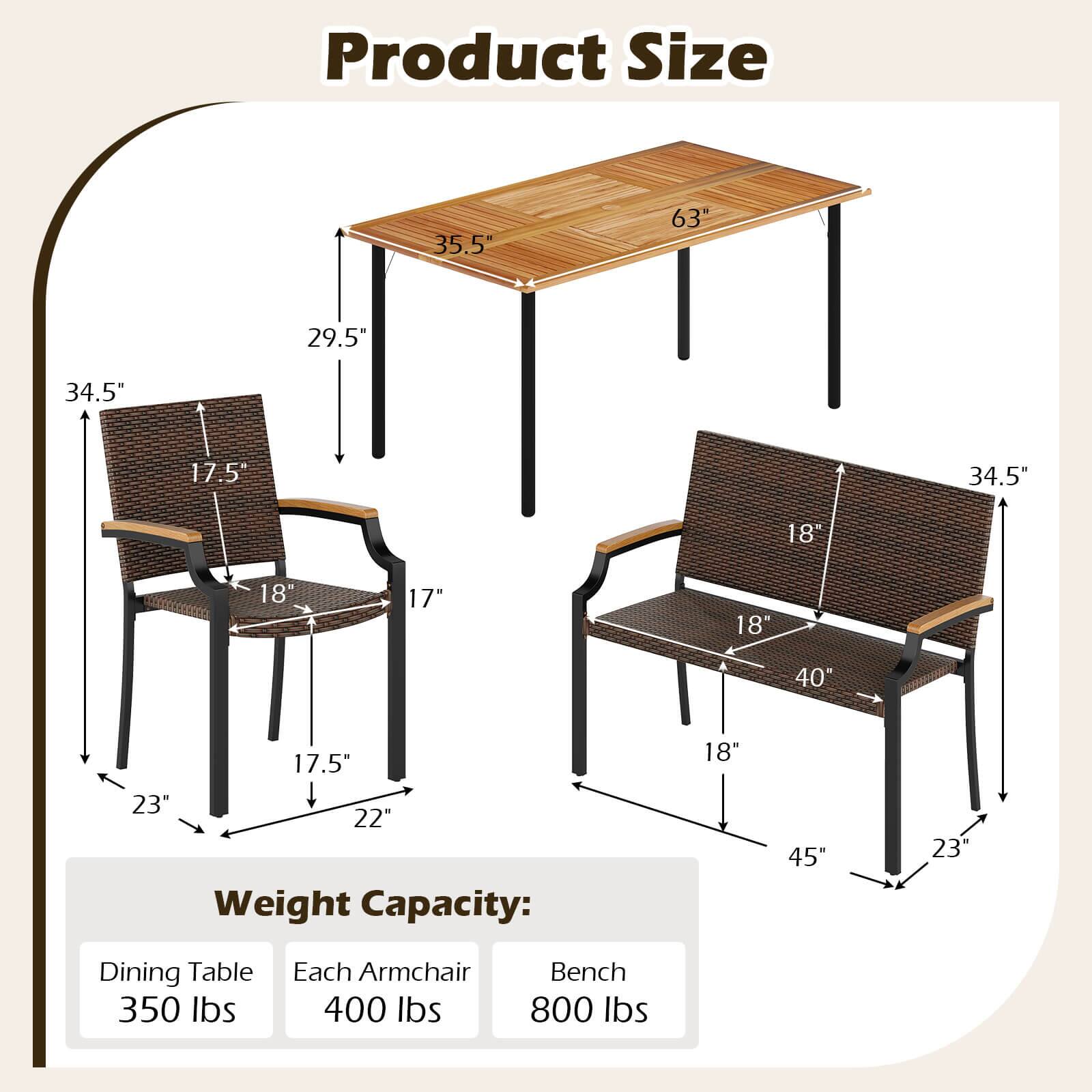 Alt View 2. Costway - Costway 6 PCS Outdoor Dining Set with Acacia Wood Tabletop, 1.97" Umbrella Hole for Deck - Mix Brown.