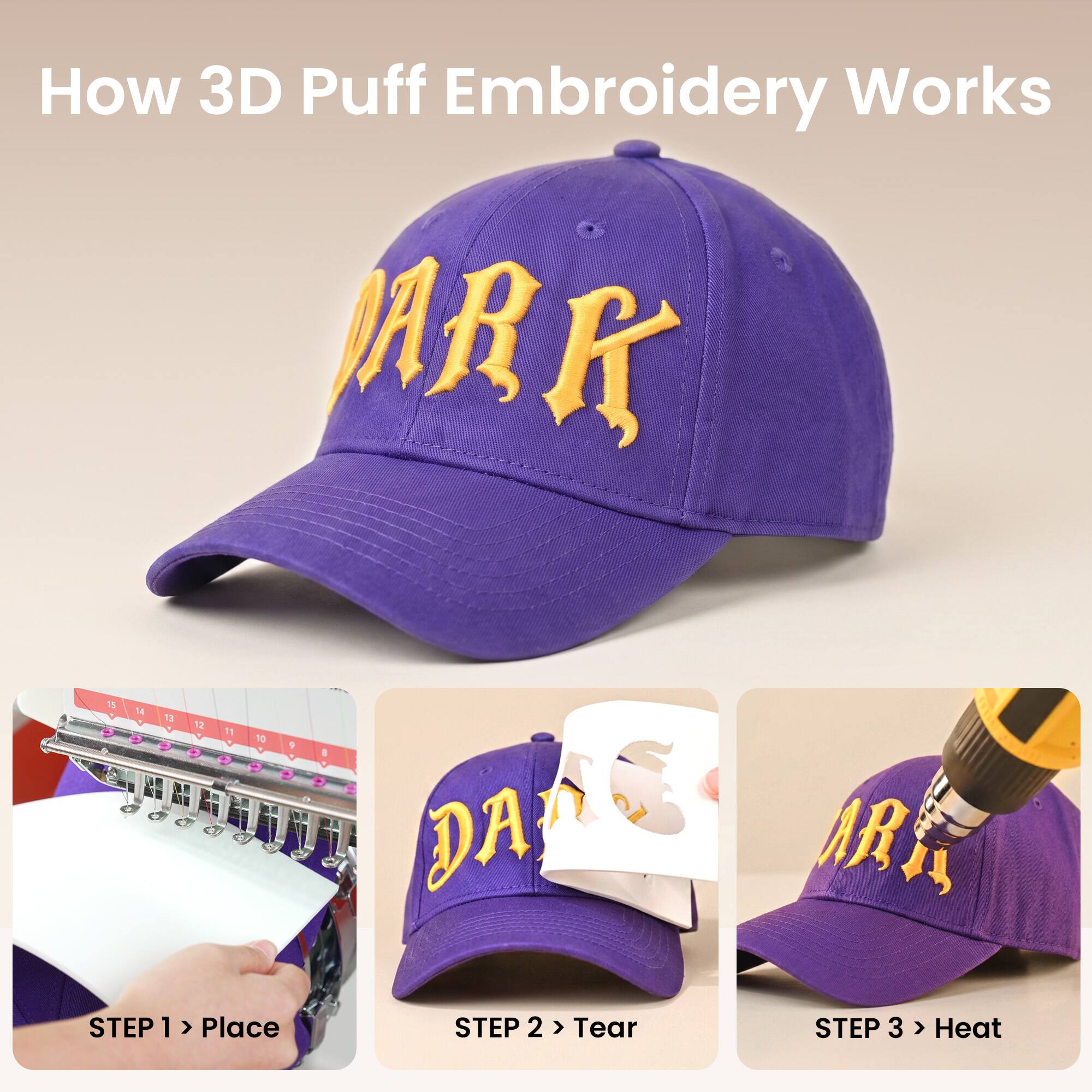 How 3D Puff Embroidery Works

STEP 1 > Place

STEP 2 > Tear

STEP 3 > Heat
