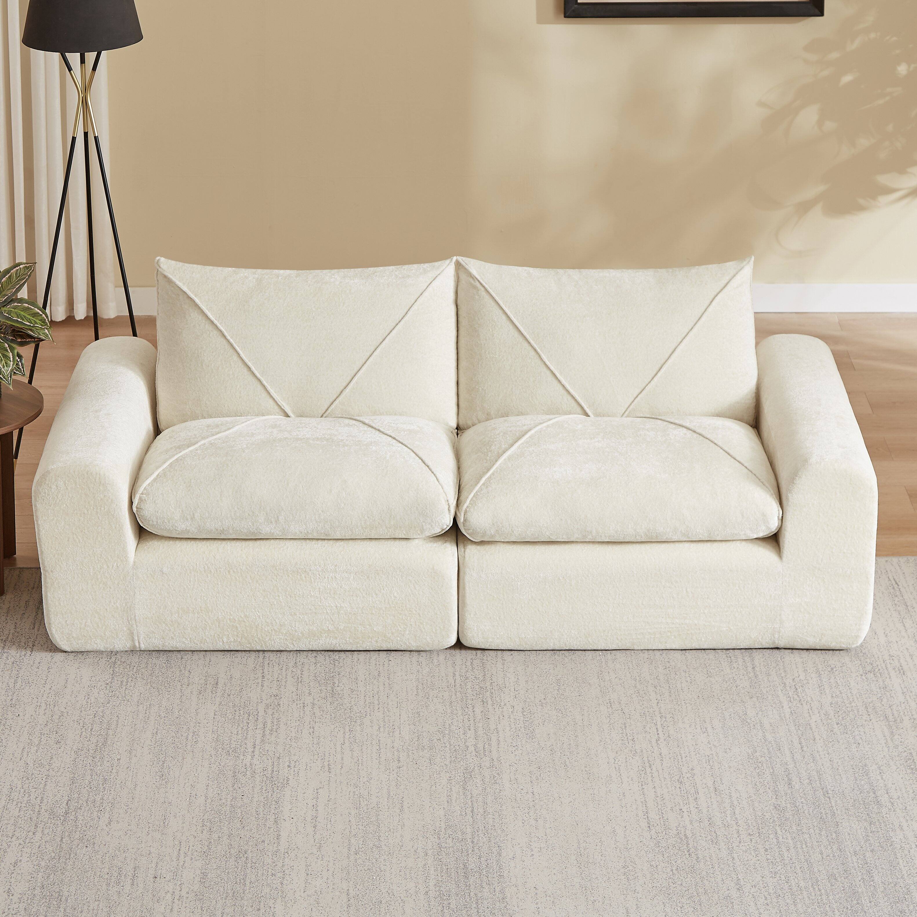 Back. Loheer - Loheer 85 Inch Chenille Sectional Sofa Modern Modular Couch with Ottoman Minimalist Furniture - Beige.
