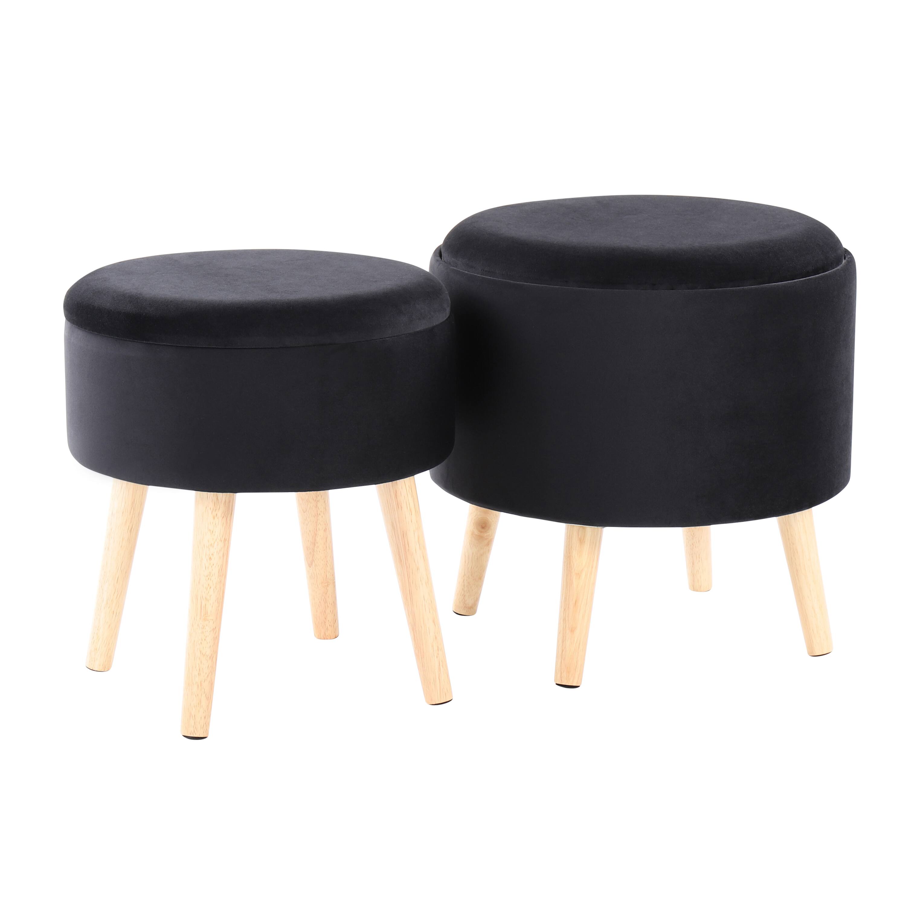 Front. Tiramisubest - Tray Contemporary Storage Ottoman with Matching Stool in Black Velvet and Natural Wood Legs by LumiSource - Black.