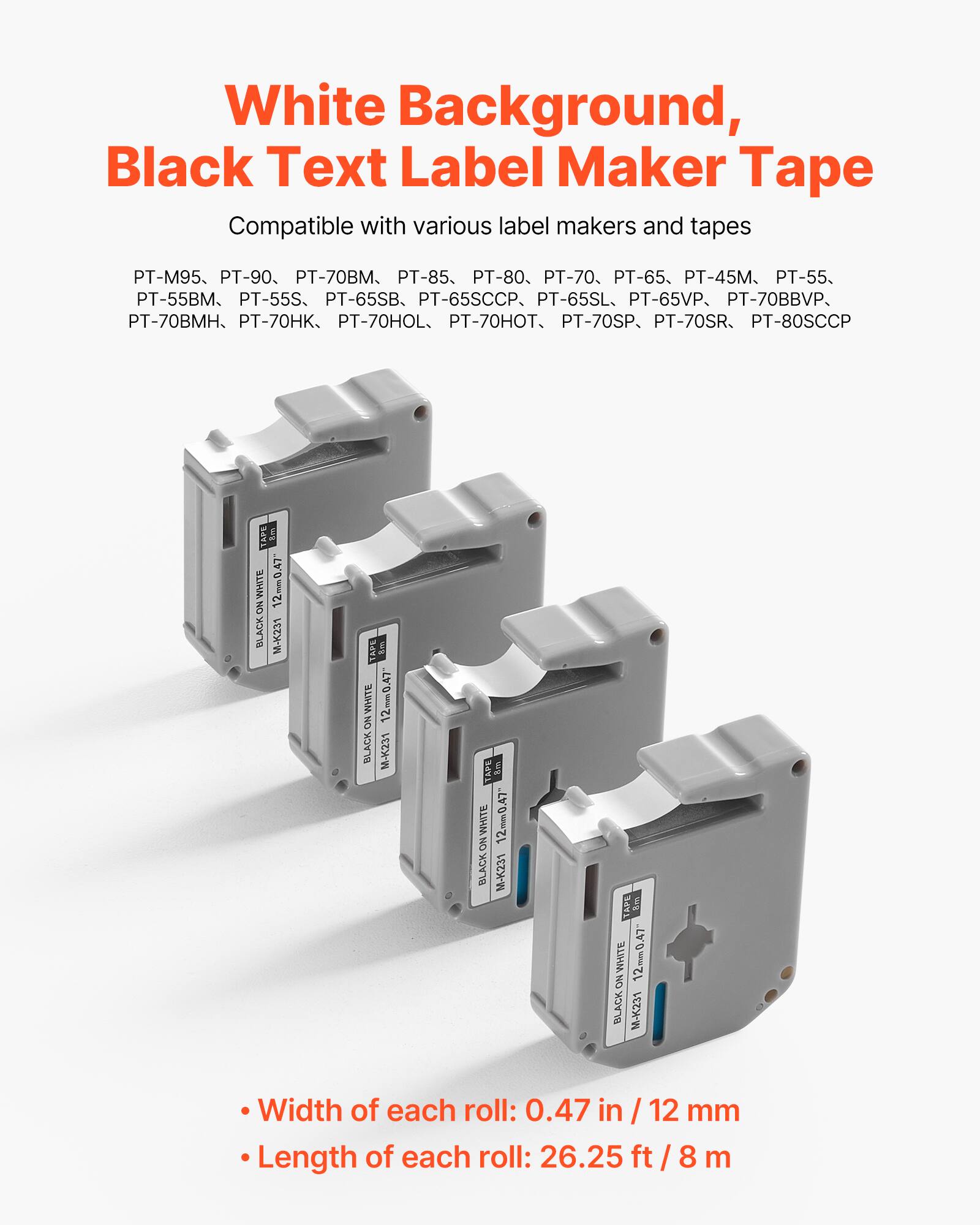White Background, Black Text Label Maker Tape

Compatible with various label makers and tapes

PT-M95, PT-90, PT-70BM, PT-85, PT-80, PT-70, PT-65, PT-45M, PT-55, PT-55BM, PT-55S, PT-65SB, PT-65SCCP, PT-65SL, PT-65VP, PT-70BBVP, PT-70BMH, PT-70HK, PT-70HOL, PT-70HOT, PT-70SP, PT-70SR, PT-80SCCP

- Width of each roll: 0.47 in / 12 mm
- Length of each roll: 26.25 ft / 8 m