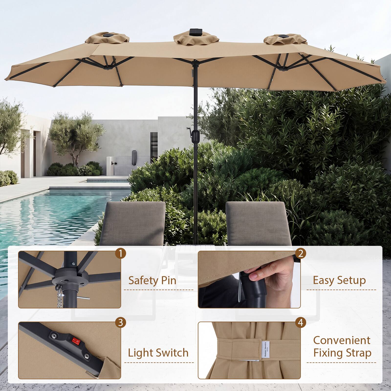 1. Safety Pin
2. Easy Setup
3. Light Switch
4. Convenient Fixing Strap