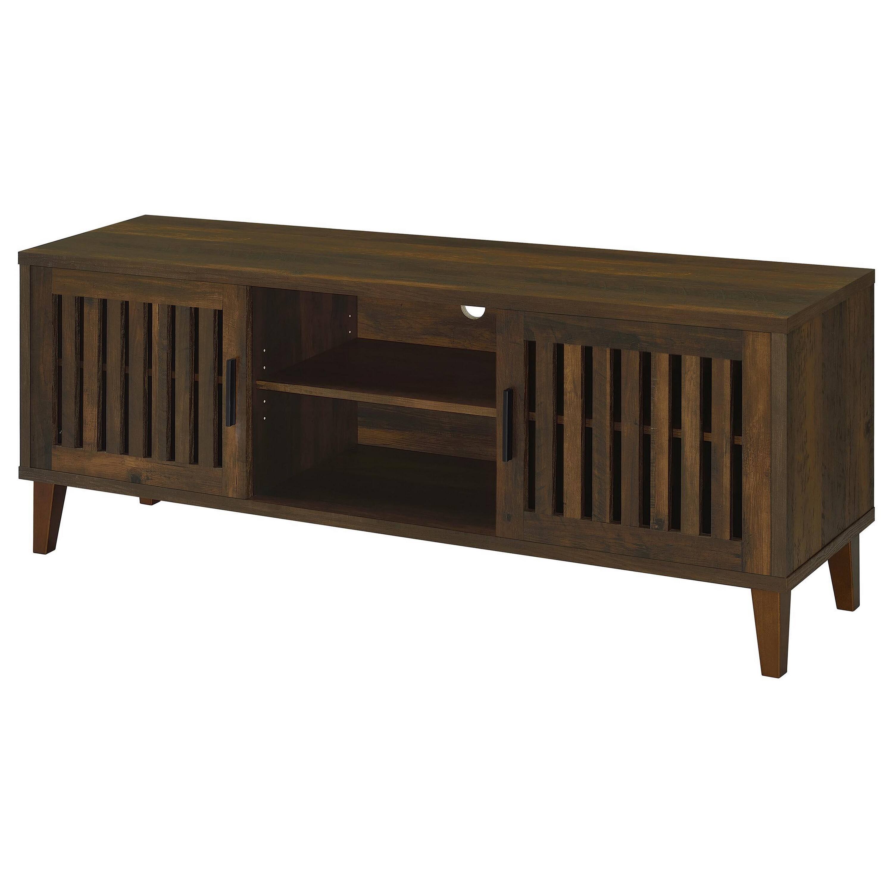 Alt View 3. Manhattan Lane - Sid TV Stand Media Cabinet, 2 Slatted Doors, Shelf, Brown Wood 60 Inch - Dark Brown.