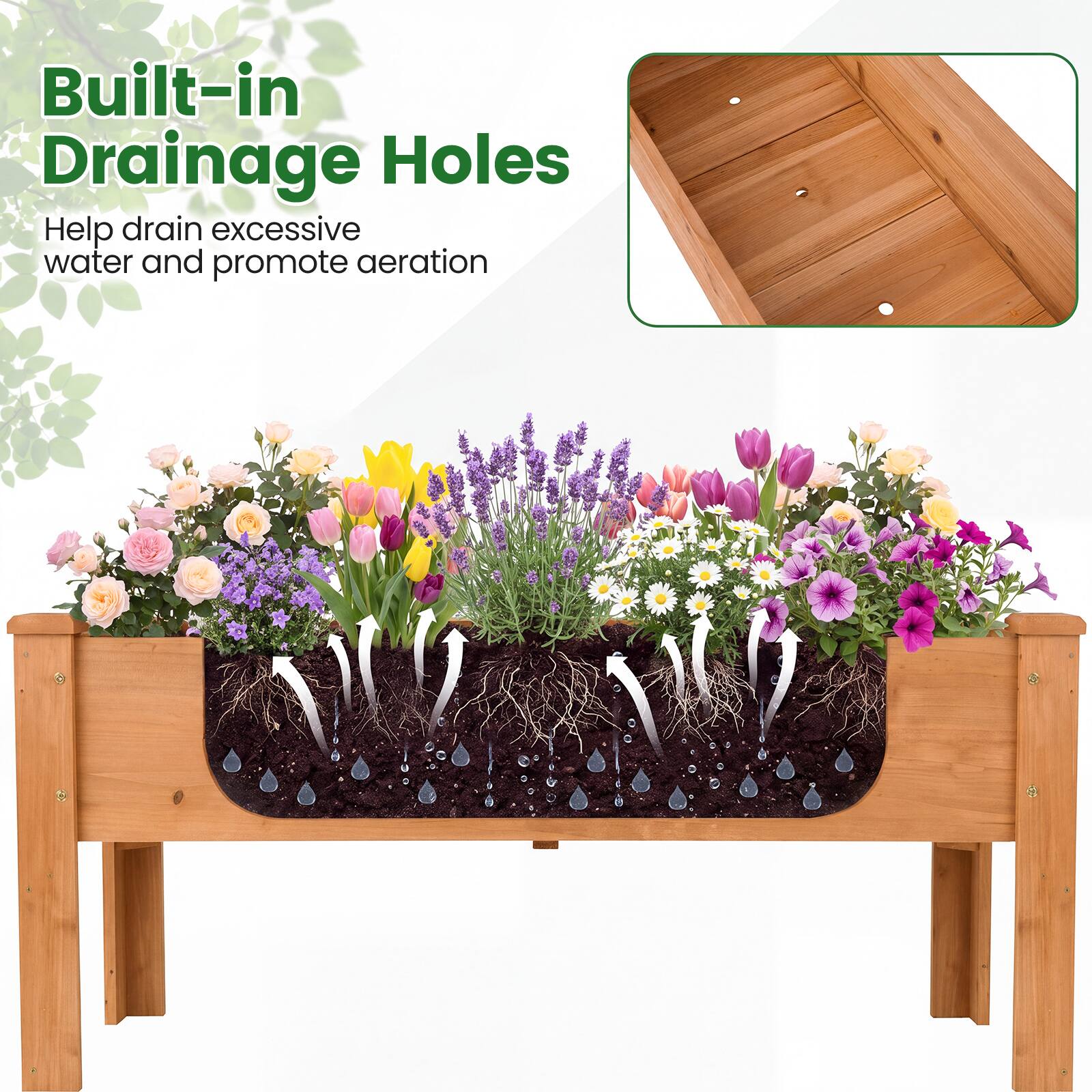 Built-in Drainage Holes  
Help drain excessive water and promote aeration