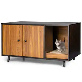Costway - Cat Litter Box Enclosure Cat Washroom Hidden Litter Box Enclosure - Walnut/Black