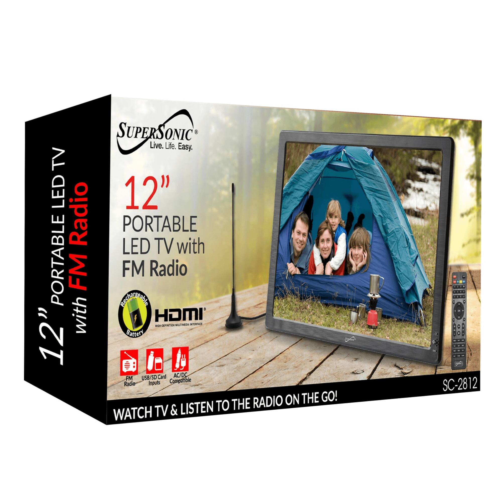 SUPERSONIC  
Live. Life. Easy.

12" PORTABLE LED TV with FM Radio

HDMI  
HIGH-DEFINITION MULTIMEDIA INTERFACE

USB/SD Card  
AC/DC Compatible

WATCH TV & LISTEN TO THE RADIO ON THE GO!

SC-2812