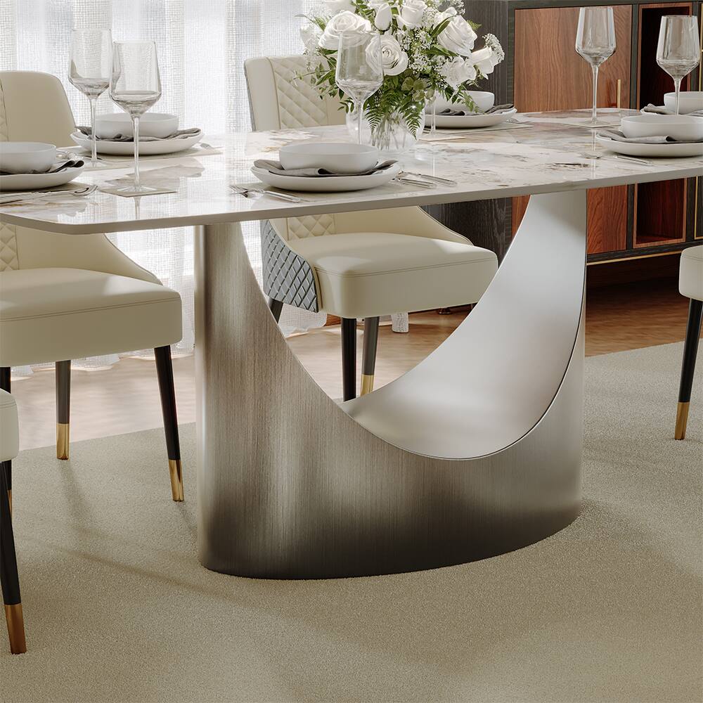 Alt View 1. POVISON - 79" Modern Minimalist Dining Table for 6-8, Gold Rectangular Glossy Sintered Stone Tabletop, Dark Gray Carbon Steel Base - Pandora Sintered Stone with Gray.
