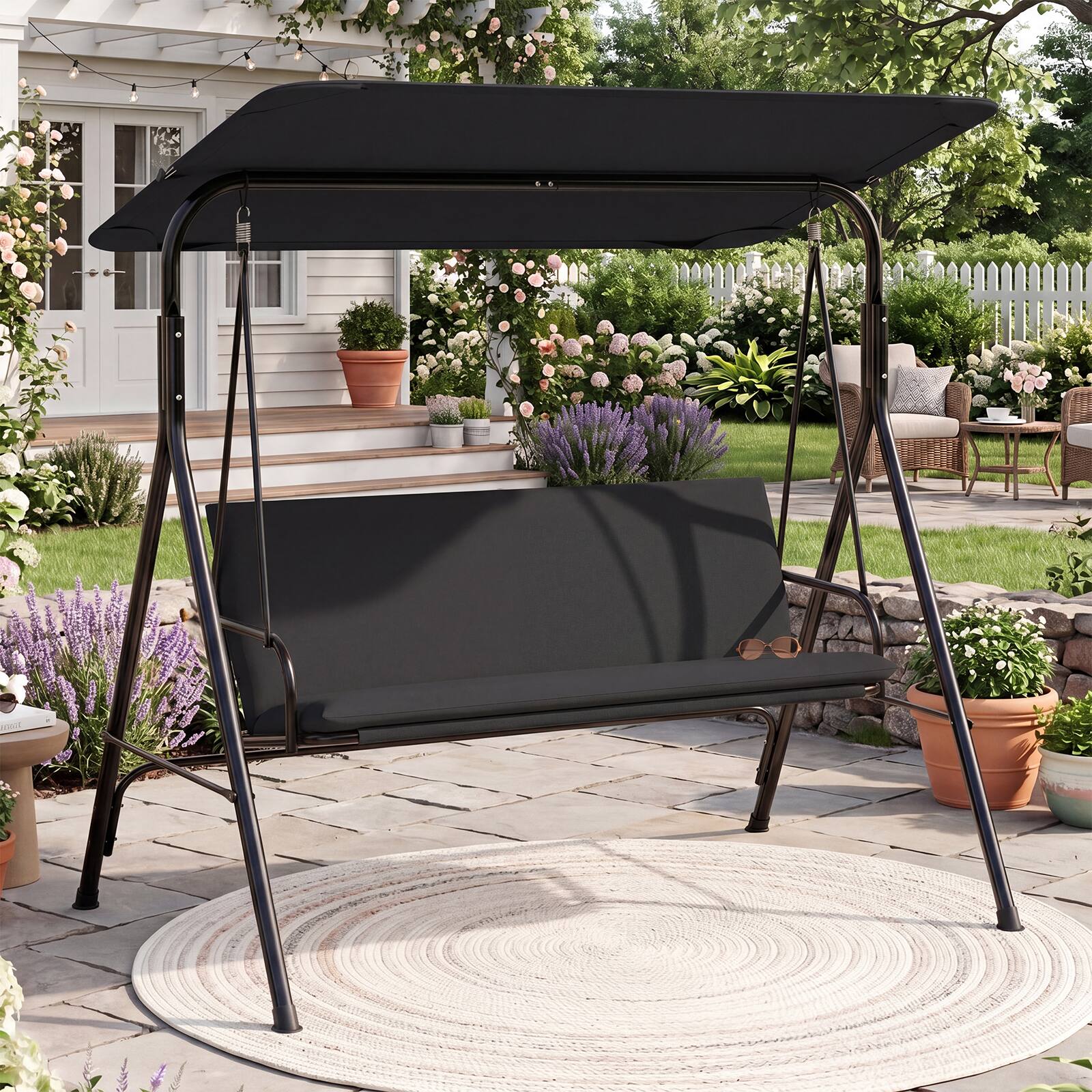Alt View 1. Gymax - Gymax 3-Seat Outdoor Patio Swing Chair w/  ArmrestsAdjustable Tilt Canopy & Stand Black - Black.