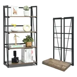 Costway - 4-Tier Folding Bookshelf No-Assembly Industrial Bookcase Display Shelves - Rustic Brown